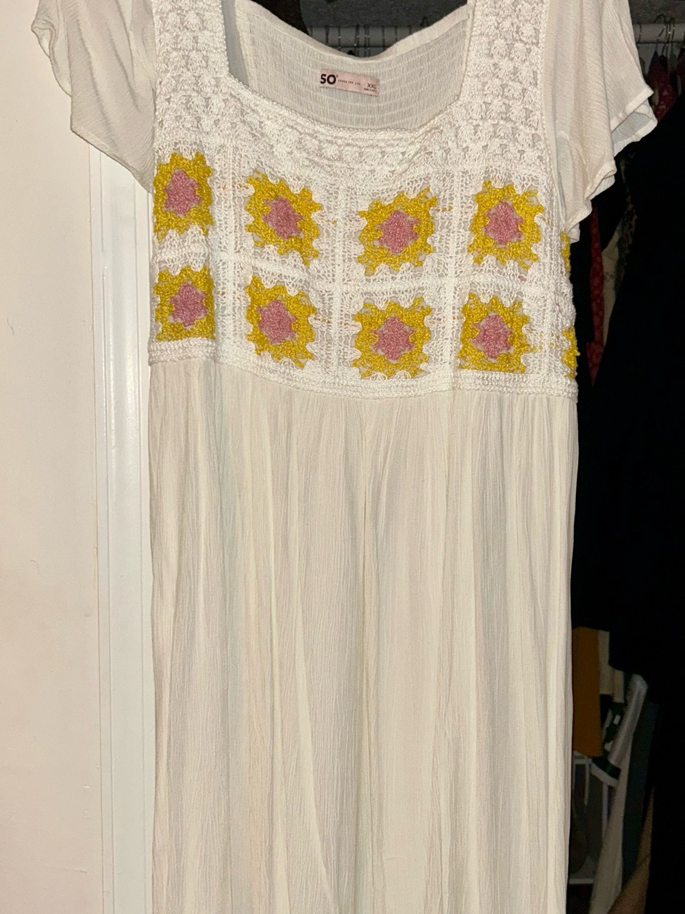 SO White Dress with Yellow & Pink Crocheted Floral Panels